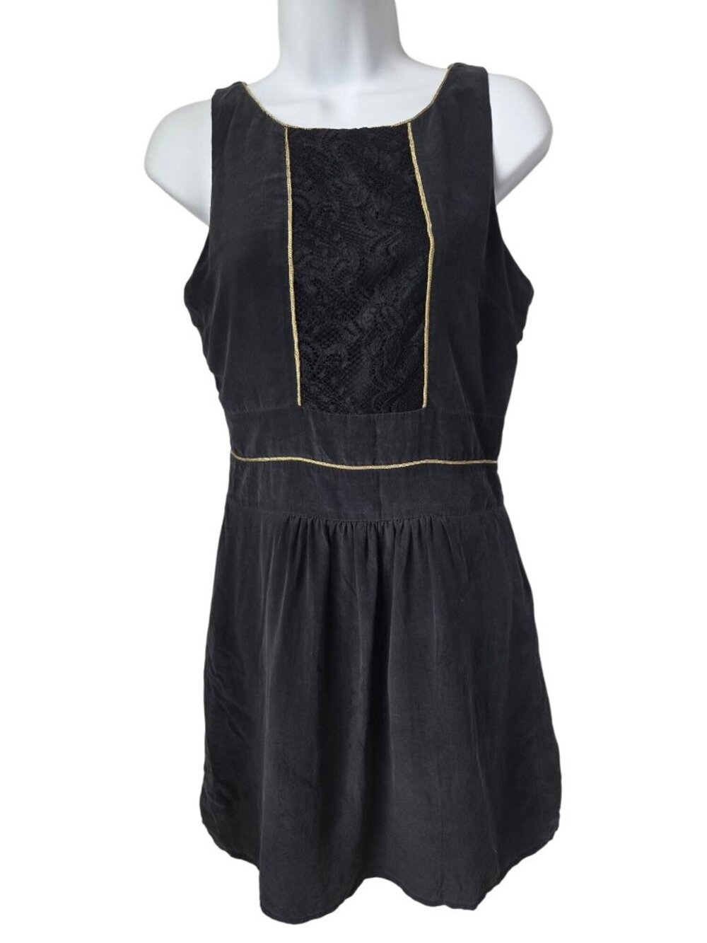 Jenny Han Black Sleeveless Lace Front Mini Dress Gold Trim Small